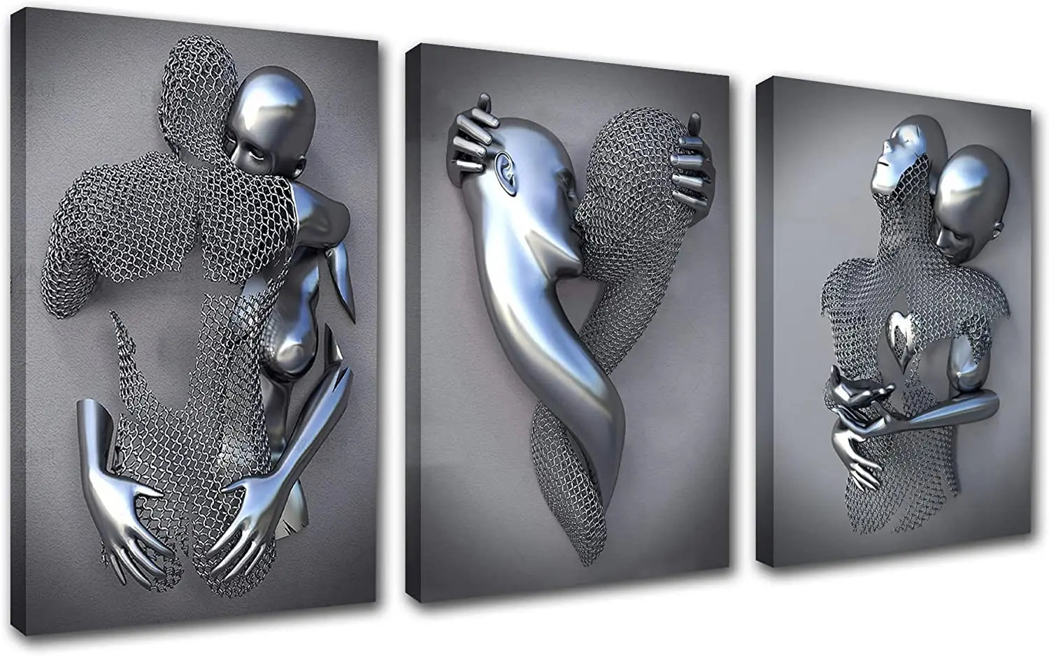 

Metal Figure Statue Canvas Wall Art Couple Kiss Hug Painting 3 Pieces Modern abstract romance Artwork for Couple's Bedroom