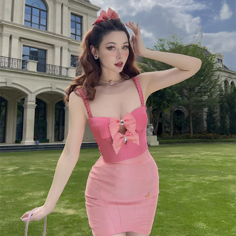 

Le Palais Vintage 2022 Summer New Original Pink Bow Sleeveless Corset V-neck Camis Fashionable Top Slim Chic Crop Tops Women