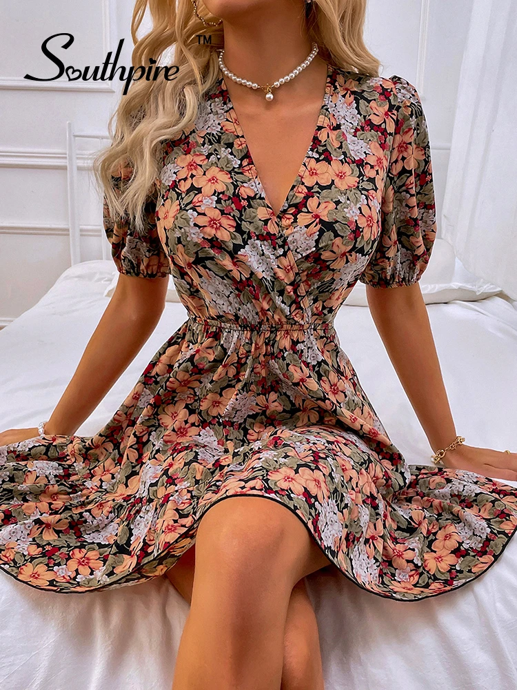 

Southpire Women's Sexy V-Neck Floral Print Mini Dress Backless Lace Up Short Sleeve Elegant Summer Dresses Daily Ladies Clothing