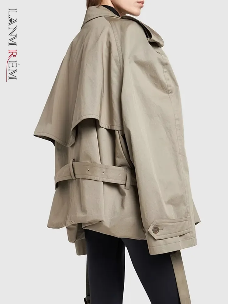 

[LANMREM] Fashion Designer Patchwork Belt Casual Loose Trench Women Lapel Long Sleeve Spliced Button Minimalist Tops 2023 New