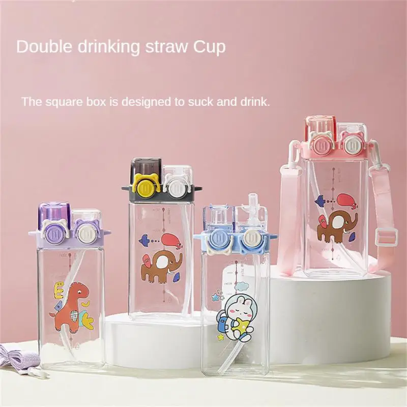 

Online Red Double Drinking Cup Straw Girls With High Face Square Boys Special Sports Water Bottle For Primary School Students