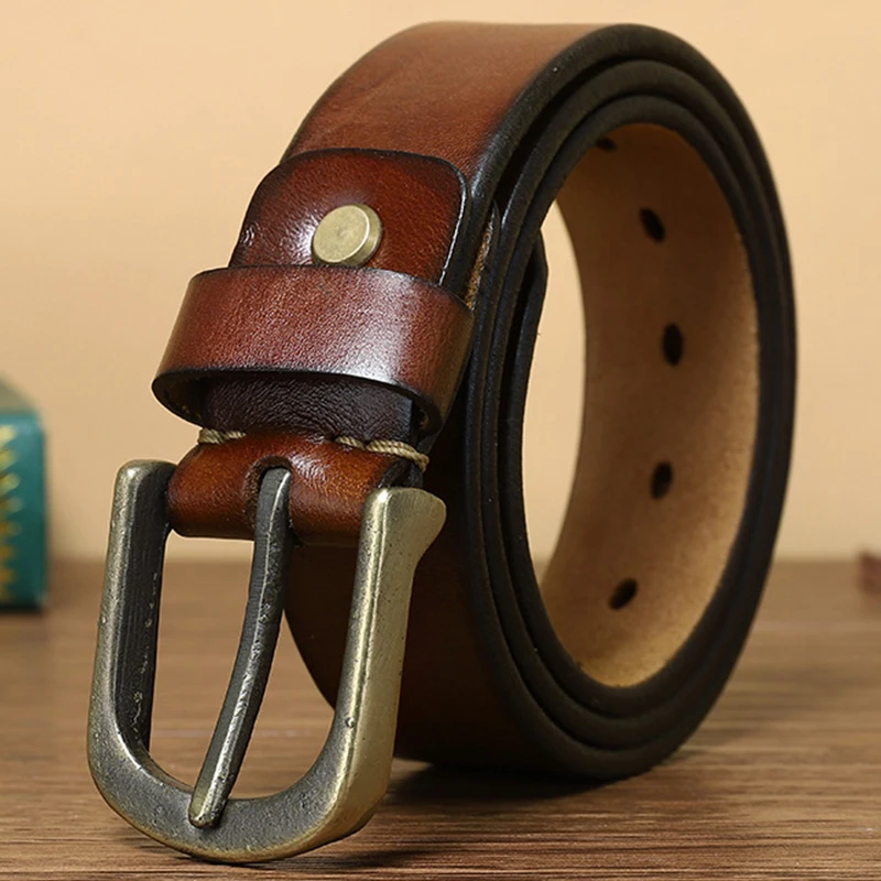 2022 New Thickened First Layer Cowhide Pure Copper Pin Buckle Belt Business Casual Italian Men's Retro Trend Youth Jeans Belt