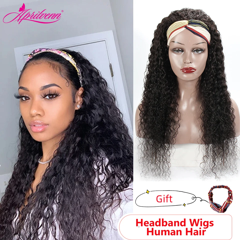 Aprilvenn Deep Wave Headband Human Hair Wigs Brazilian Remy Glueless Kinky Straight Hair Headband Wig Human Hair for Black Women