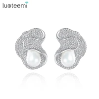 luoteemi fashion shell shape micro cz stone paved imitation pearl stud earring for women wedding bridal party brincos bijoux
