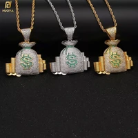 men hip hop money bag cz cluster pendant iced out bling cubic zircon 18k gold plated diamond necklace with stainless rope chain