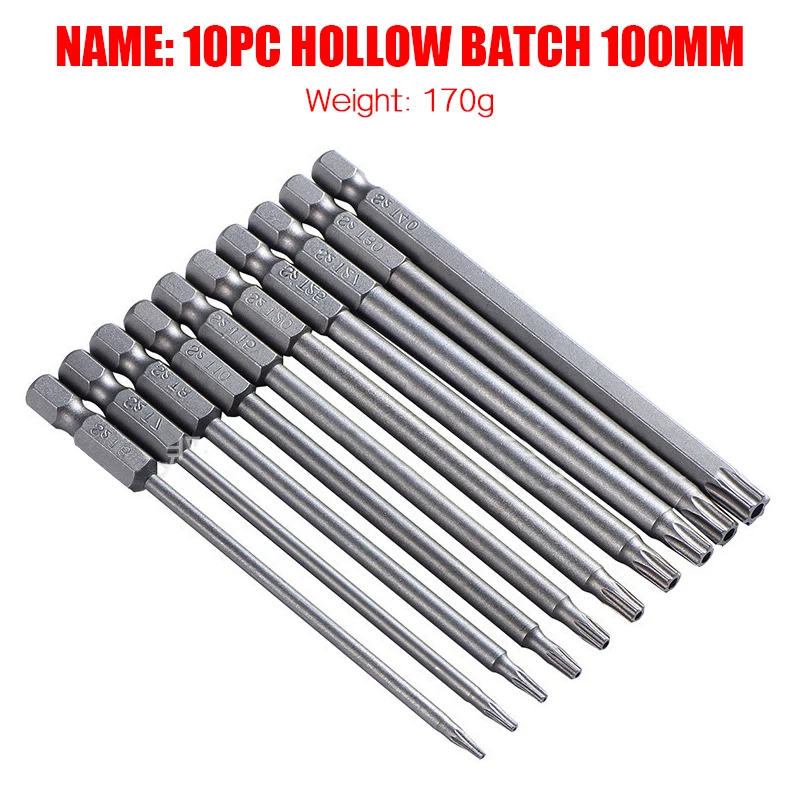 

10pcs S2 Alloy Steel Torx Screwdriver Bit Set 100mm Six Stars Screw Driver Batch Head T6/T7/T8/T10/T15/T20/T25/T27/T30/T40 Bits