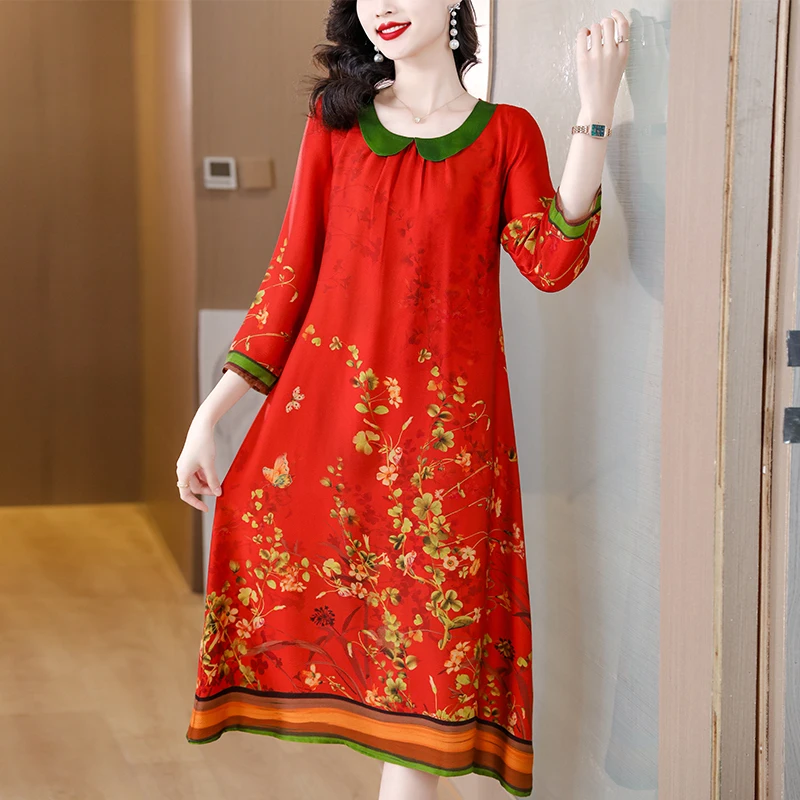 

Женское платье из натурального шелка, летнее платье большого размера с принтом, юбка из шелка тутового шелкопряда, 2023