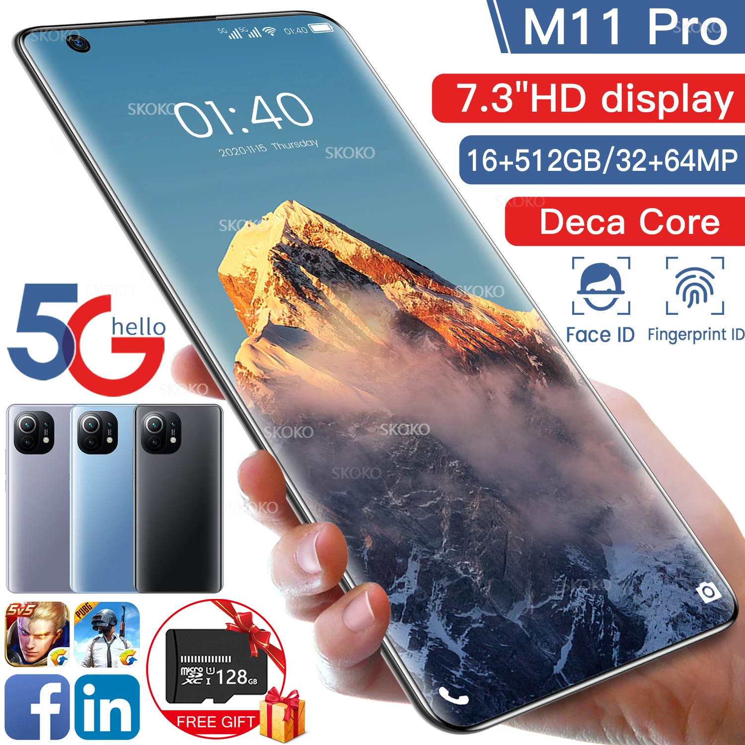 

Smart Phone M11 Pro 7.3 Inch 64MP HD+Camera16+512GB Android 11 Phone 6800mAh Face ID Unlock 3.1GHz Cellphone Global 4G 5G Mobile