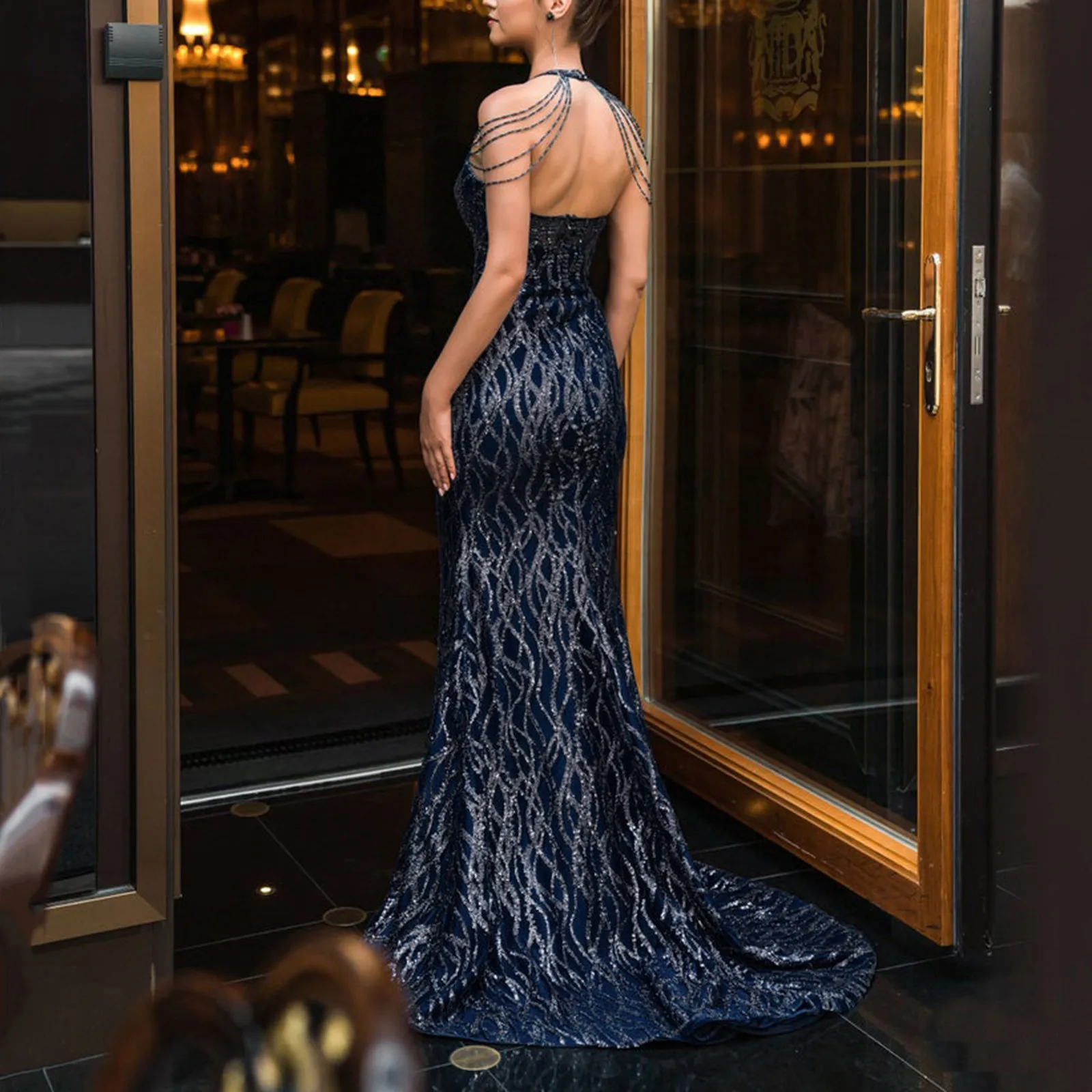 

Off Shoulder Beading Dazzling Stretch Sequin Party Dress Halter O Neck Fitting Half Floor Length Evening Night Party Dresses