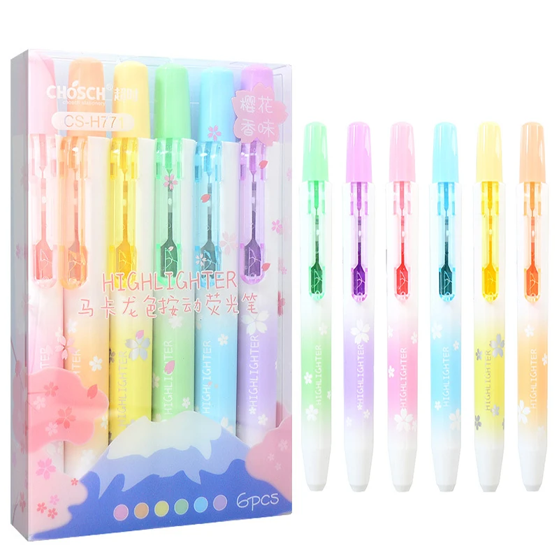 

6Pcs/set Kawaii Sakura Scent Retractable Highlighters Macaron Pastel Highlighter Pen Fluorescence Markers for School Supplies