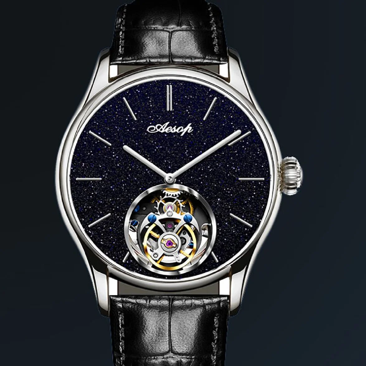

AESOP Tourbillon Movement Natural Diamond Skeleton Mechanical Watch For Business Men New Waterproof Sapphire Wrist Watches Brand