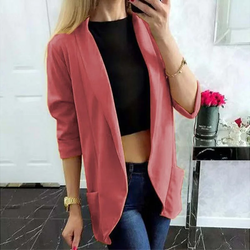 Simple Slim Blazer with Pocket Women Solid Colors Buttonless Lapel Casual Office Blazer 2021 Lady New Work Wear Formal Clothing