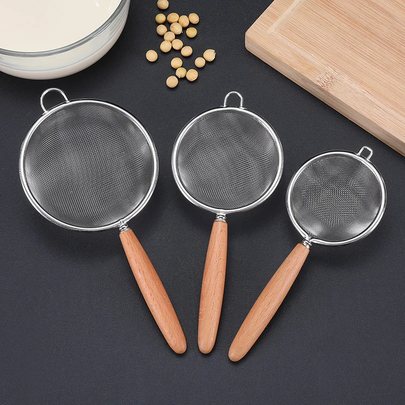 Wooden Handle Stainless steel Wire Fine Mesh Oil Strainer Multi-function Filter Mesh Flour Colander Sifter Kitchen Baking Tools