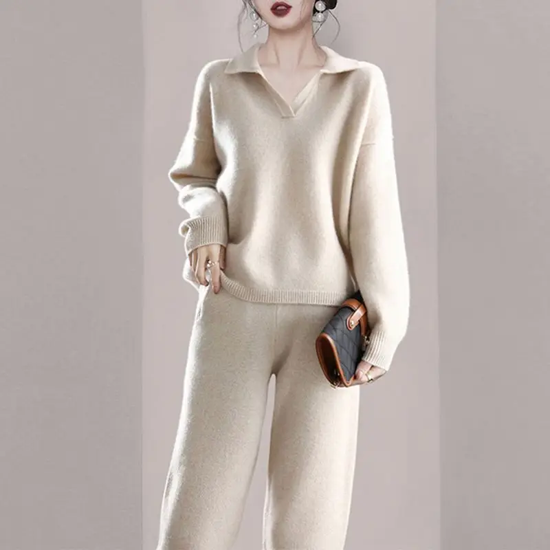 

Женский Хлопковый вязаный свитер, однотонный пуловер с лацканами и широкие брюки, костюм из 2 предметов, осень 2022, элегантная женская одежда ...