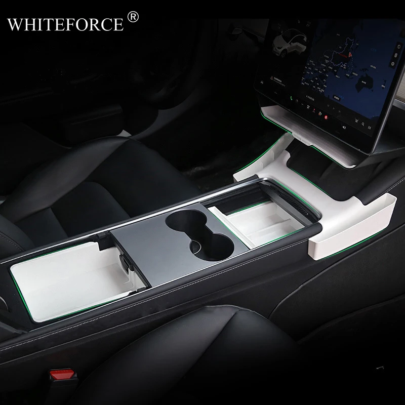 

Center Armrest Box Double-deck Storage Box White TPE Instrument Cup Holder Interior Organizer Box for Tesla Model 3/Y 2021-2023
