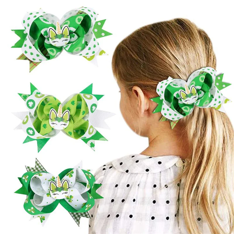 

10pcs/Lot 5INCH St. Patrick's Day Hair Bow Hairpins For Kids Girls Green Printed Grosgrain Hairband Barrettes Accessories 2022