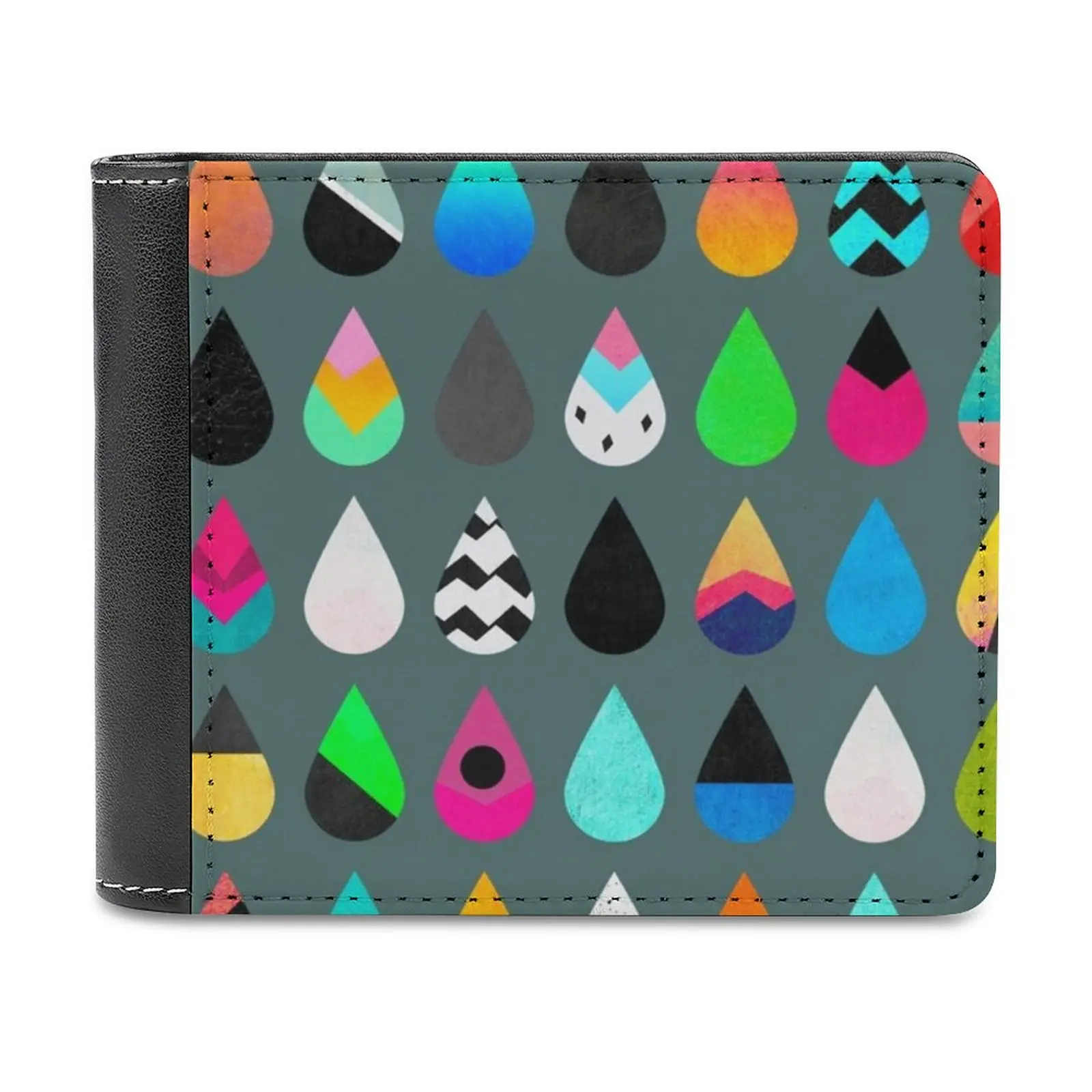 

Colorful Rain Leather Wallet Men's Wallet Purse Money Clips Rain Raindrops Drops Droplets Colors Colorful Pattern Abstract