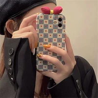 korean cute love heart lattice 3d bow phone case for iphone 13 12 11 pro xs max x xr 7 8 plus winter soft shockproof back cover