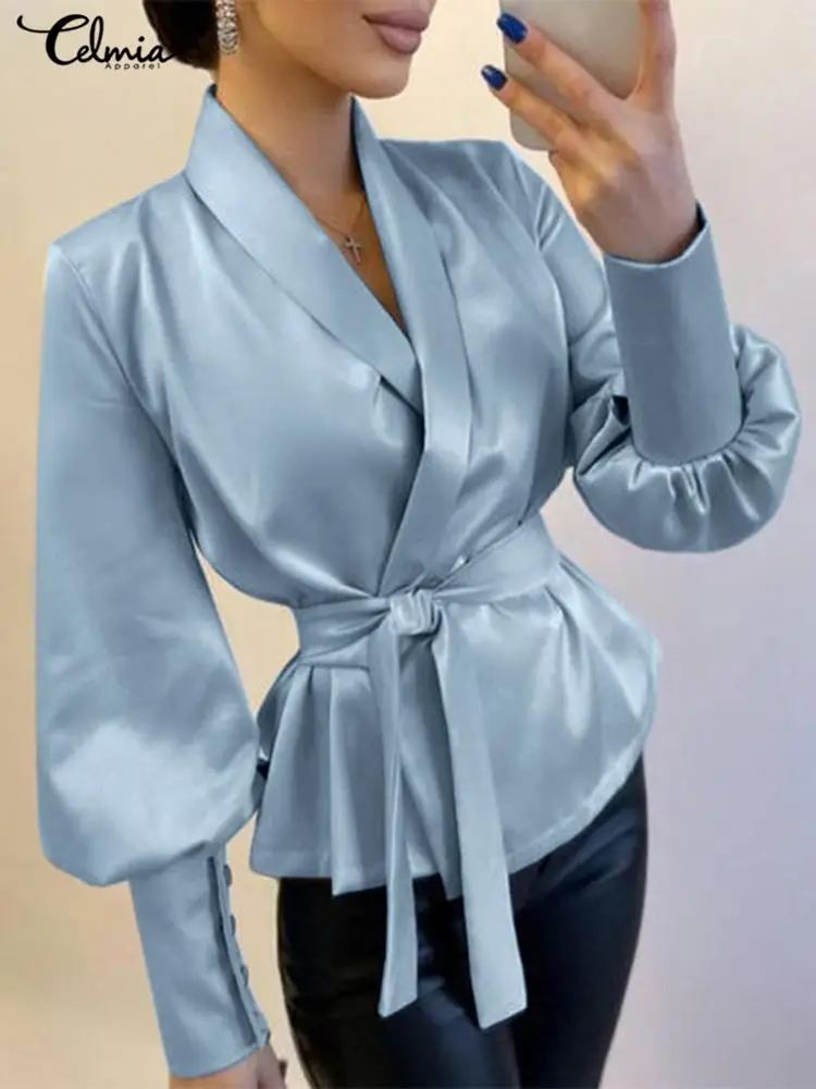 

Celmia Casual Blouses Lapel Women Glossy Puff Long Sleeve Tops Haut Streetwear Fashion Elegant Tunic Solid Bandage Wrap Shirts