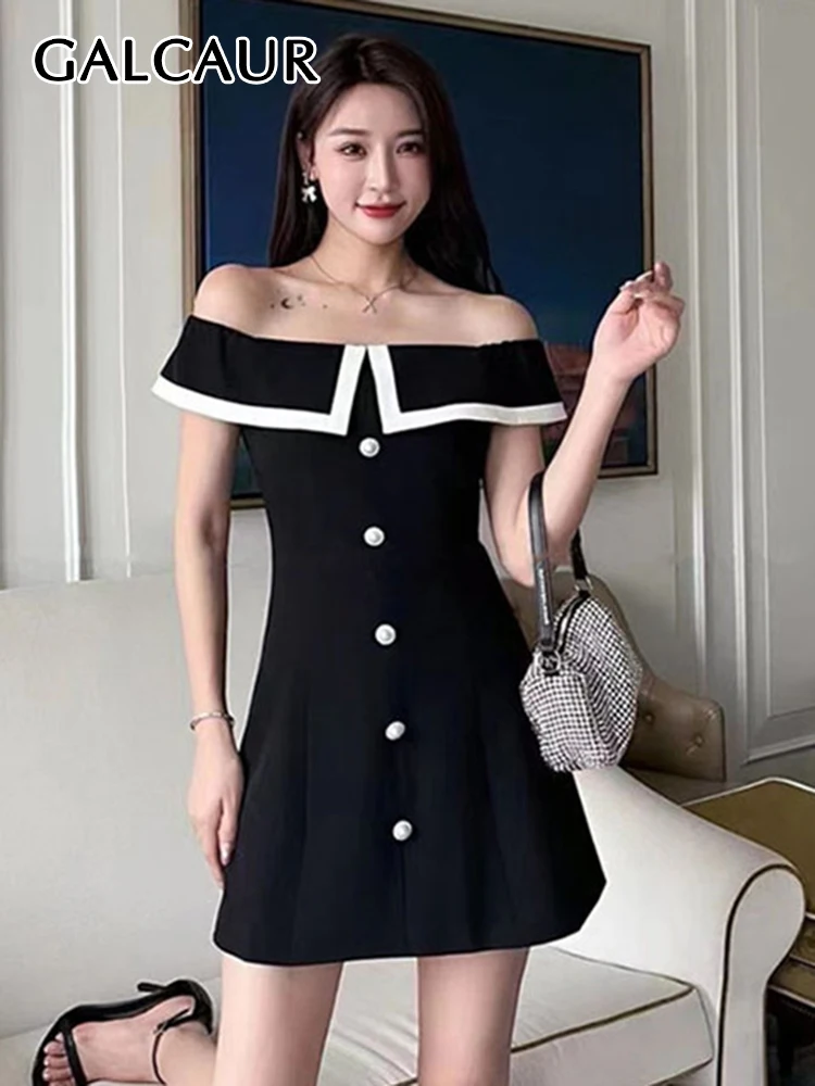 

GALCAUR Patchwork Bowknot Korean Dress For Women Slash Neck Short Sleeve High Waist Colorblock Mini Dresses Female Clothing 2022