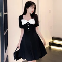 summer square neck puff short sleeve korean dress womens bow button pleated midi dress black high waist slim office lady dress