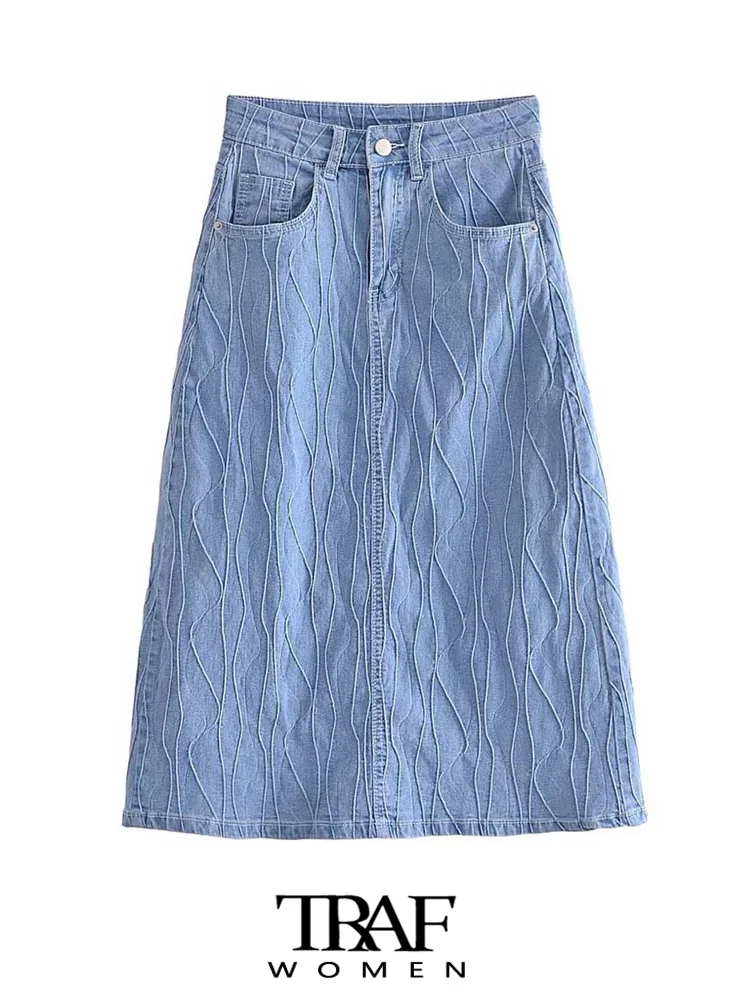 

TRAF Women Fashion Front Pockets Jacquard Denim Midi Skirt Vintage High Waist Zipper Fly Female Skirts Mujer