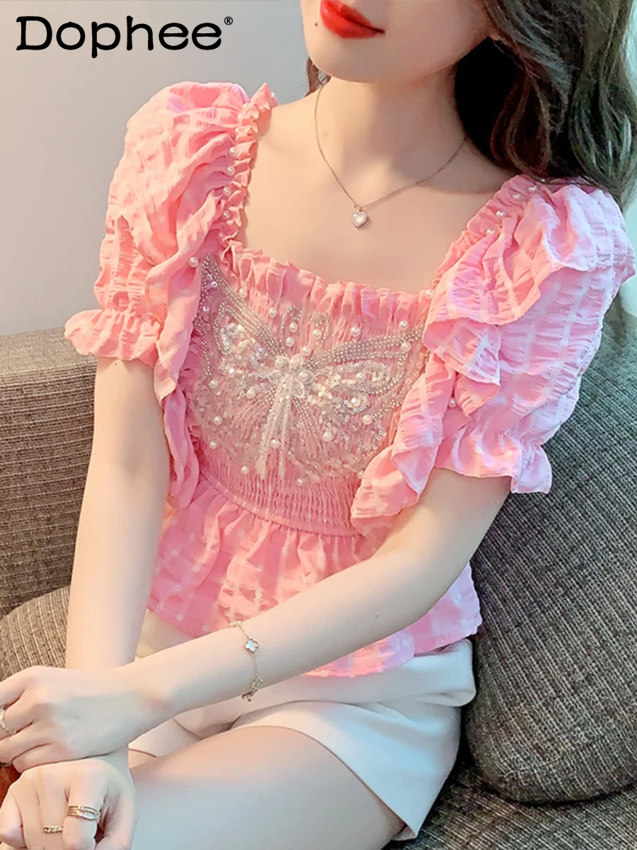 

2022 Summer New Candy Color Short Sleeve Shirt Women Sweet Kawaii Bow Chic Beaded Rhinestone Ruffled Chiffon Pullover Blusas Top