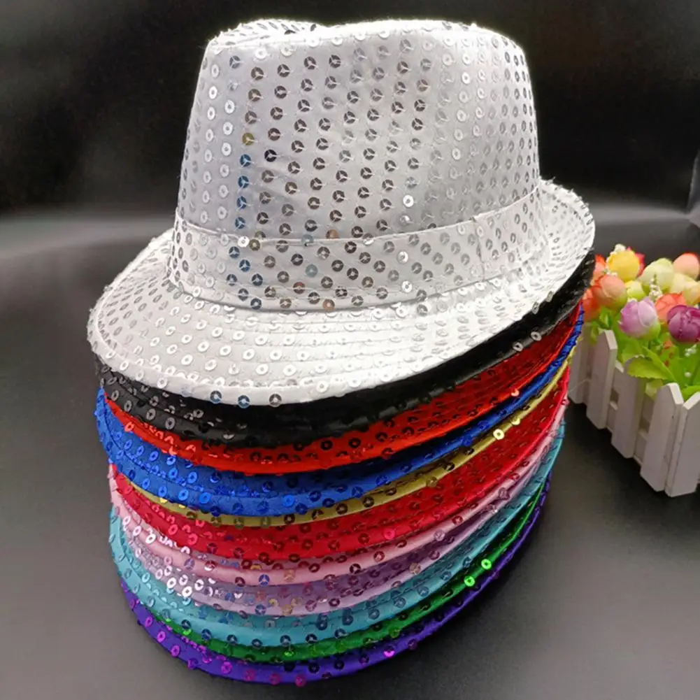 

New Shining Short Brim Hemming Jazz Hat Adult Kids Sequins Decorated Stage Show Hat Party Supplies