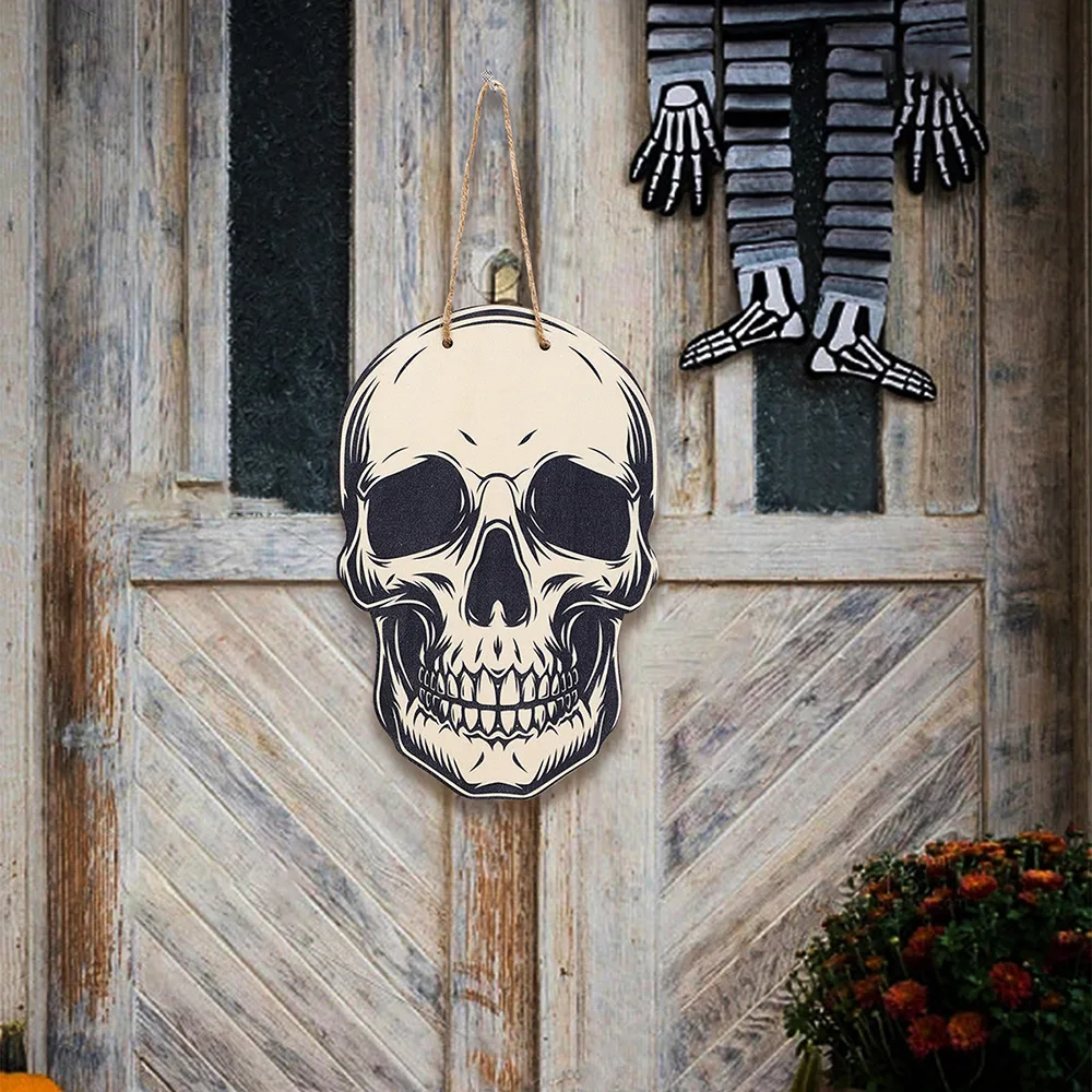 

Halloween Wooden Door Plate With Ornaments Skull Pumpkin Hanging Holiday Witch Doorplate Wood Handicraft Pendant Decoration