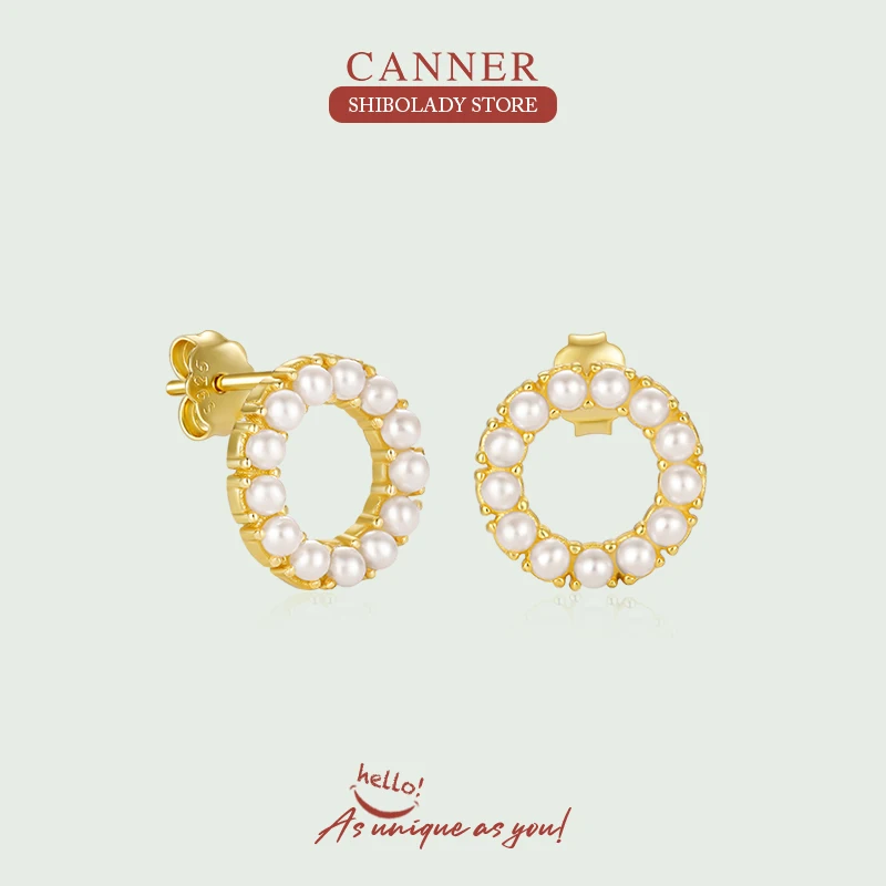 

CANNER Round Pearl Pendientes Plata 925 Earring For Women Stud Earrings 18K Gold Huggie Ear Piercing Wedding Party 2022 Trend