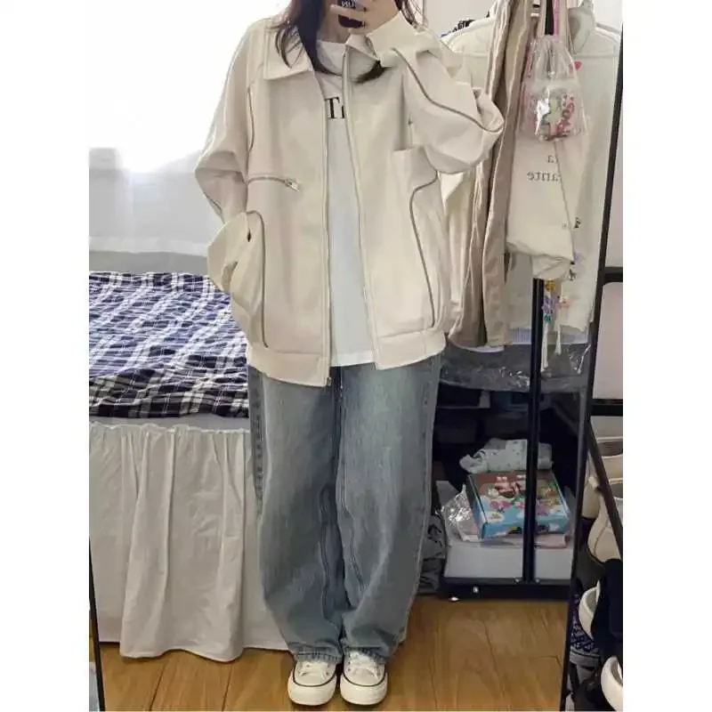 Versatile White Leather Jacket Loose Fit Maillard Cardigan Top For Women 2024 Spring Autumn/Winter New Style Fashion Outerwear