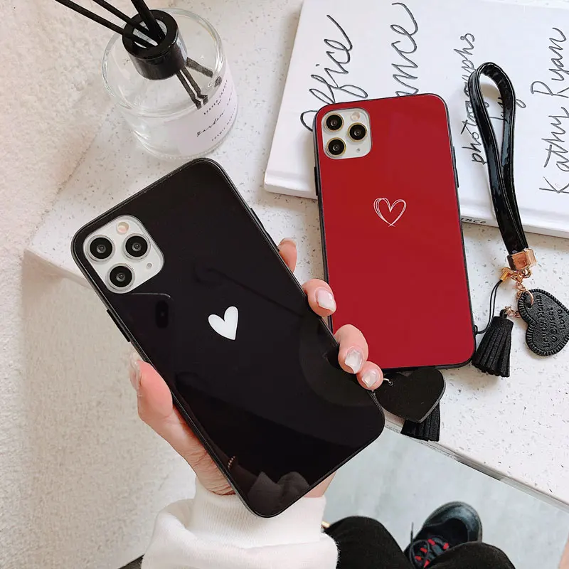 

Glass Phone Case For Xiaomi Redmi 9 9A 9i 9C 9T 10 Note 8T 9S Pro Max Simple Heart Lanyard Hard Cover