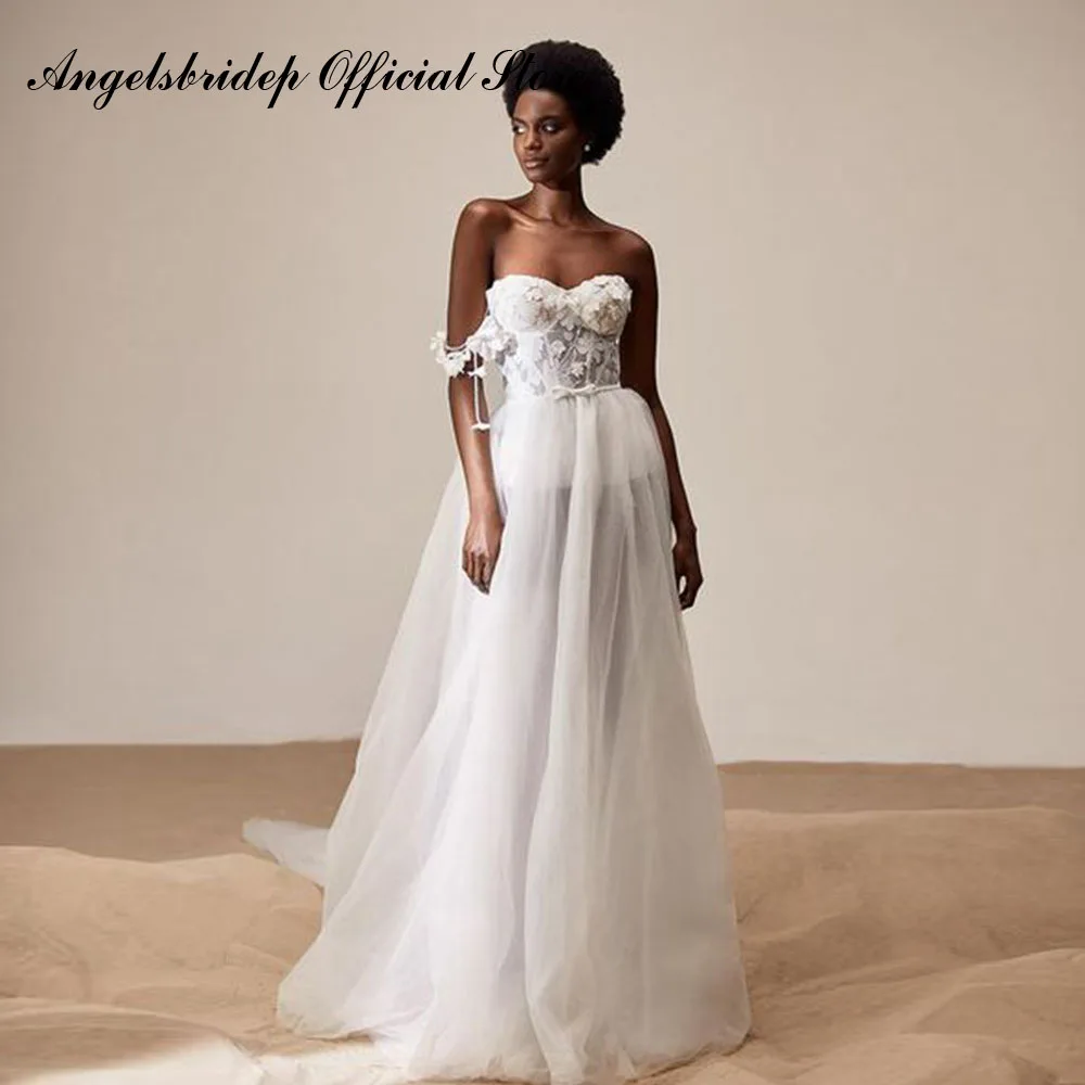 

Angelsbridep Boho 3D Flowers Wedding Dresses 2022 Beach Overskirt Sashes Sweetheart African Tulle Bridal Gowns Vestidos De Novia