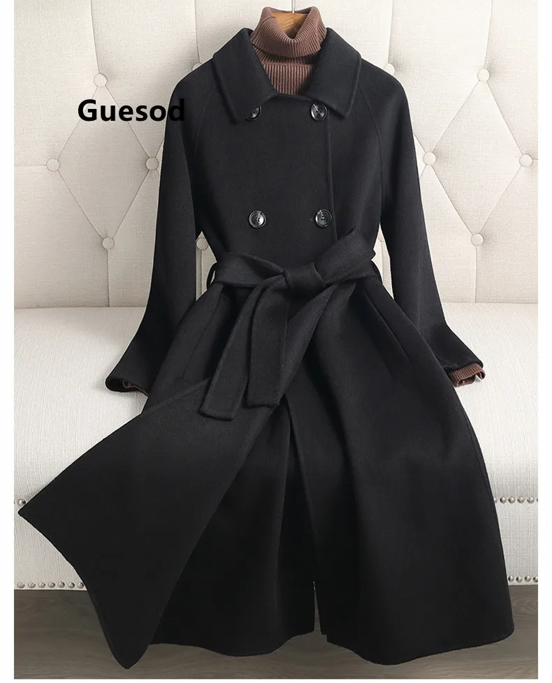 

Guesod Women Wool Long Coat Female Medium Length 2022 Hepburn Woolen Outerwear New