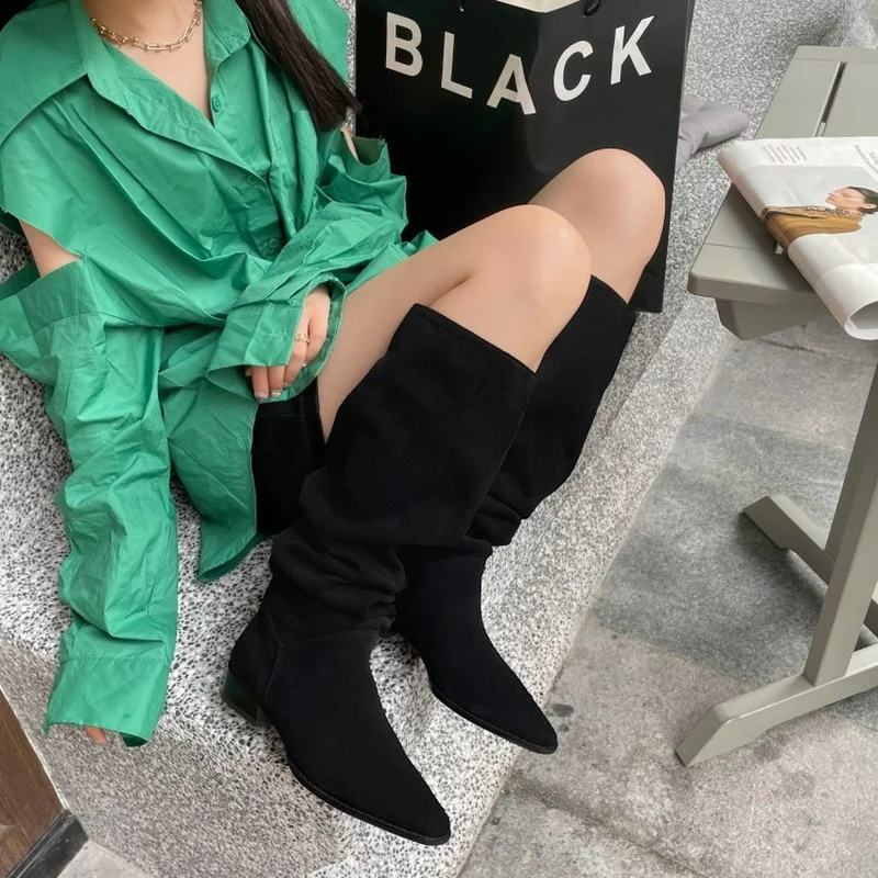 Женские Плиссированные сапоги Ochanmeb ZA черные телесные до колена из искусственной