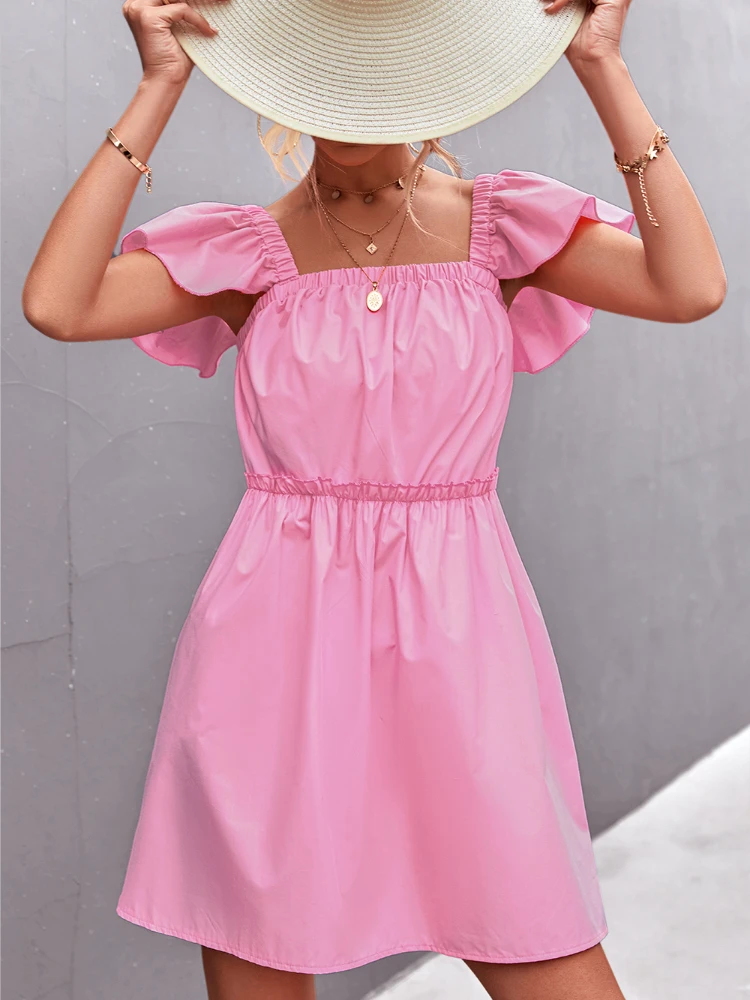 

Summer Solid Color Lotus Leaf Sleeve Square Neck Dress Boho Beach Mini Dresses For Women Sexy Ruffle Pink Black Short Robe Femme