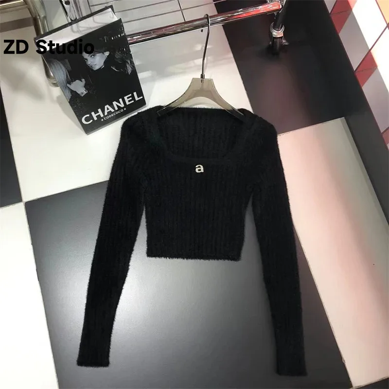 

[ZD Studio] AW Family Rhinestone A Letter Square Neck Long Sleeve Knit Fashion Spicy Girl Open Waist Fit Slim Top