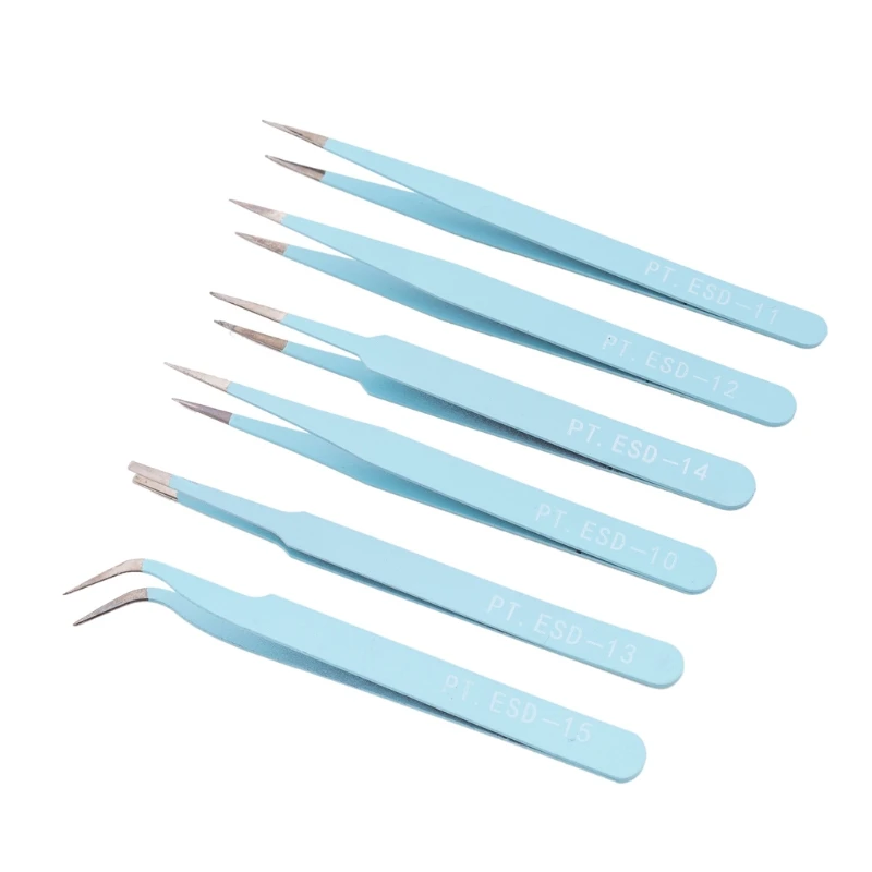 

652F 6Pcs Anti-Static Stainless Steel Straight Curved Tip Tweezers Nippers Kit for Electronics Silicone Resin Jewelry Making