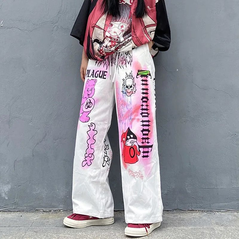 

Harajuku Korean Y2K Hippie Palazzo Pants Retro 90s Aesthetic Wide Leg Pants Women Cartoon Gothic Trousers Oversize Female Purple