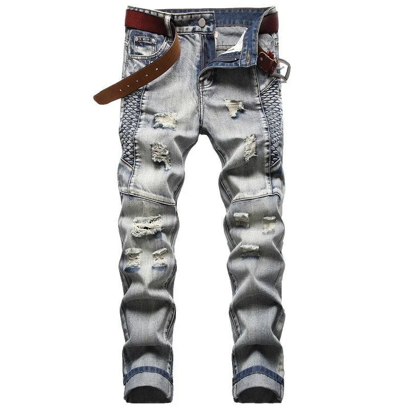 

2023 High Quality Men Casual Jeans Nostalgic Straight Pleated Biker Jeans Pants Male Denim Casual Ripped Pants Plus Size 42