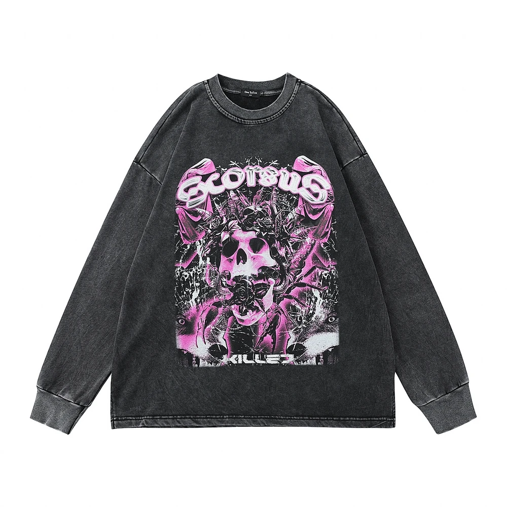 

2022 Men Sweatshirt Hoodie Hip Hop Vintage Retro Purple Skull Print Distressed Wash Pullover Harajuku Casual Crewneck Sweatshirt
