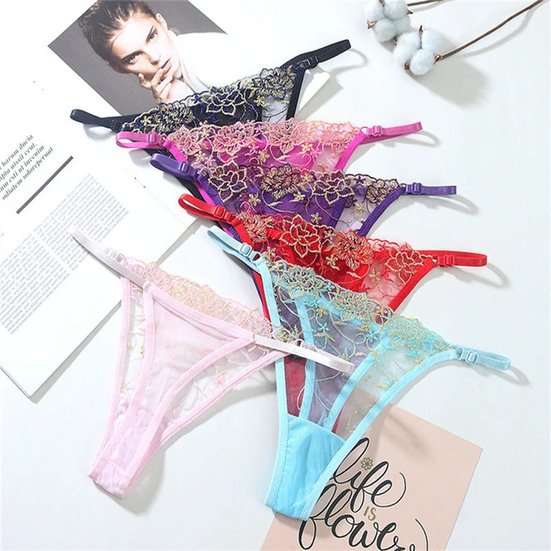

Fashionable Ladies Adjustable Large Size Sexy Panties Embroidered Hollow Mesh Seduction Thong Panties