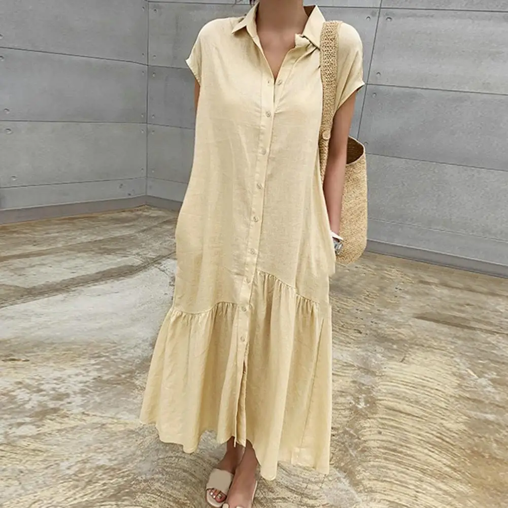 

Women's Summer Sundress 2023 Elegant Solid Shirt Dress Short Sleeve Maxi Vestidos Female Casual Lapel Robe