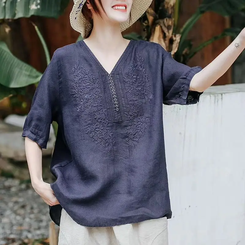 

Summer Tops Women Blouses Vintage Lace V Neck Short Sleeves Casual Ruffles Embroidery Office Lady Elegant Loose Fit Shirts M140
