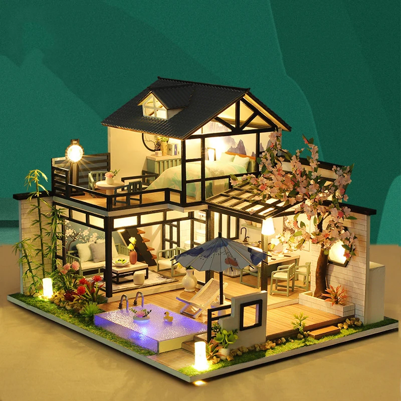 

Classic Elegant Warm Wooden DIY Doll House Ink Lanting Pavilion With Furnished Dollhouse Toy For Birthday Gift Surprise