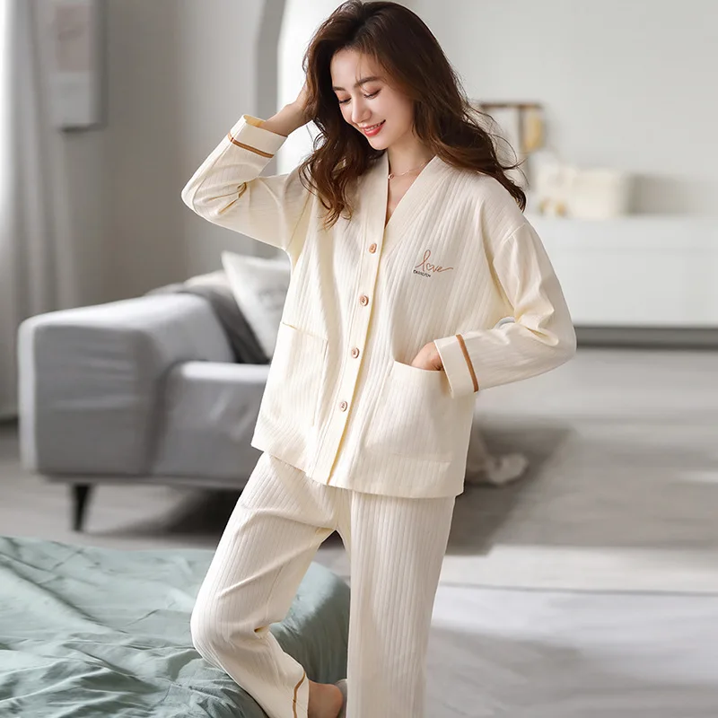 Spring and Autumn Pajama Set for Women's, Cotton Long-sleeved Cardigan, Sweet and Lovely Sleepwear,Homewear Can Be Worn Outside
