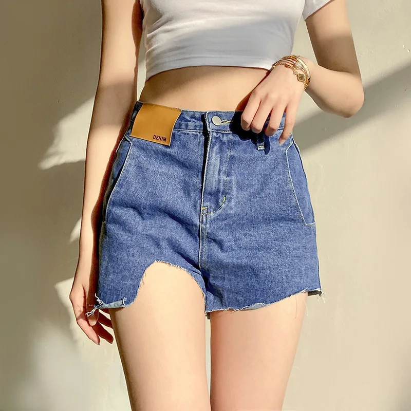 2021 Fashion Women High Waist Booty Jeans Asymmetry Female Harajuku Sexy Cut Out Blue Denim Shorts Bottoms New Streetwear Shorts