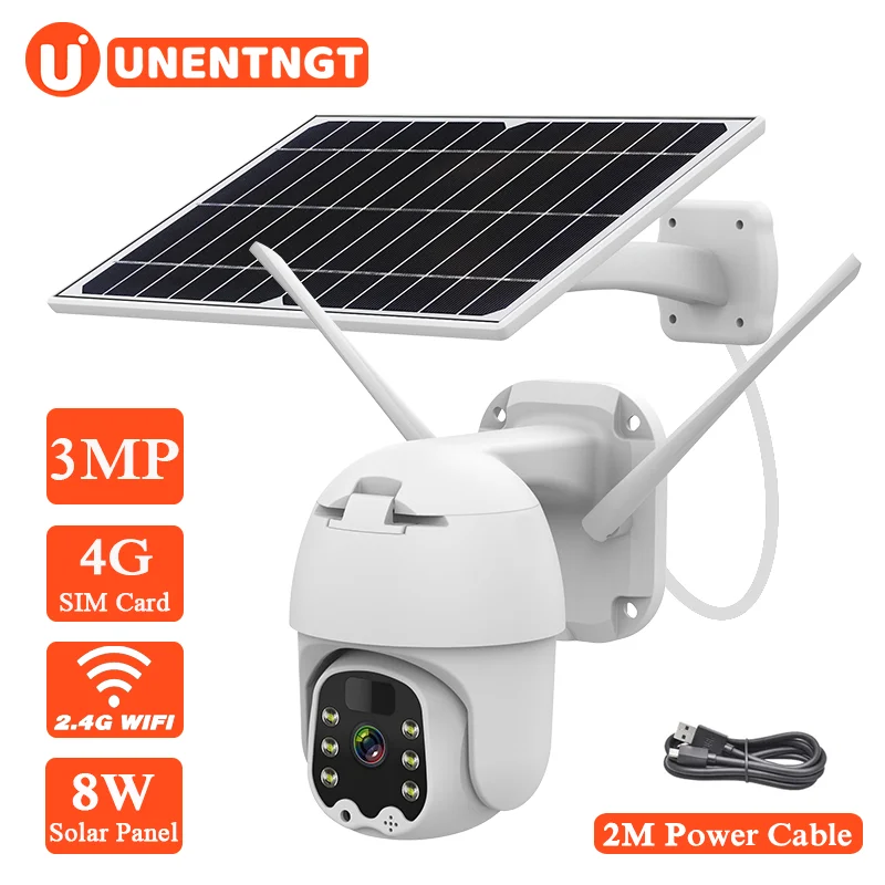 UNENTNGT 4G Solar Camera 3MP 8W Panel PTZ Outdoor Two Way Audio Power Battery Long Standby IP |