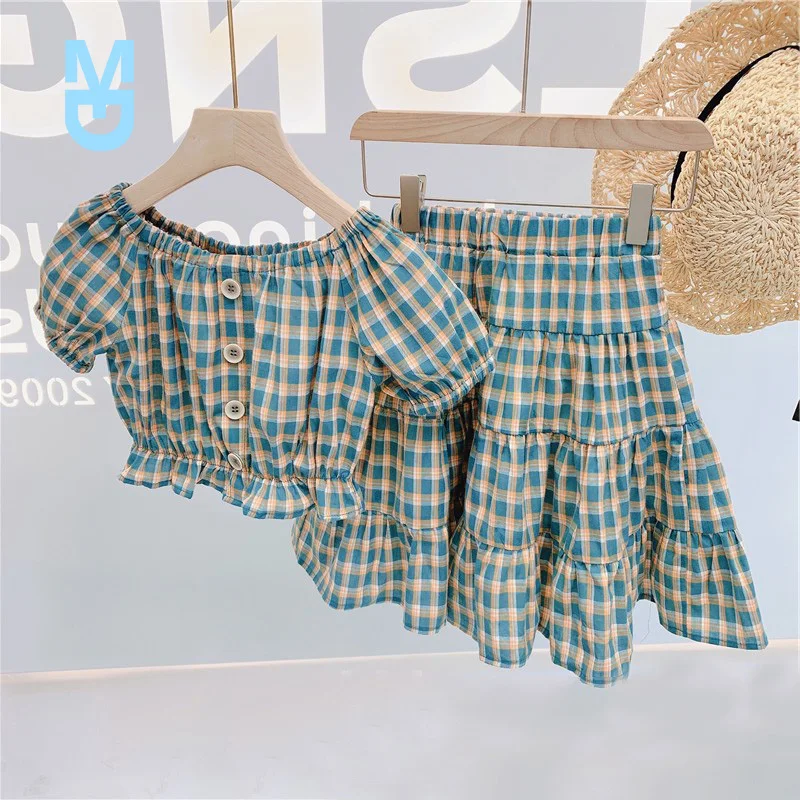 

New Summer Girls Kids Clothing Toddler Summer 2022 Girl Plaid Printed Shirt+ Skirt Suit Children 2PCS Clothes Sets