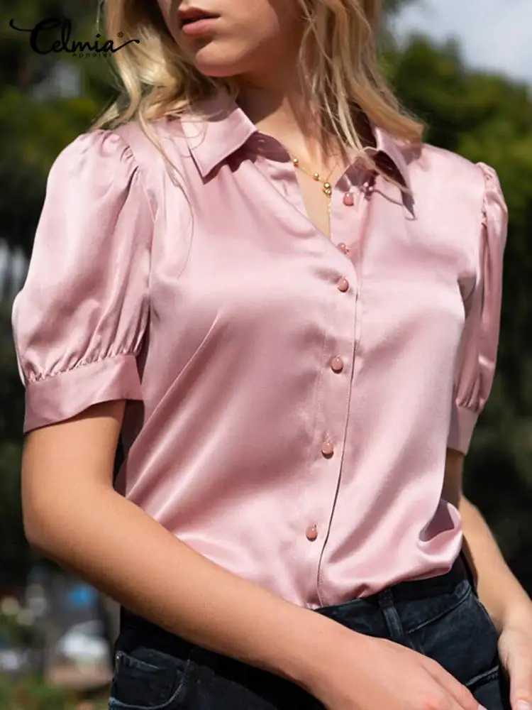 

Celmia Summer 2022 Tunic Vintage Satin Shirts Women Puff Short Sleeve Blouses Fashion Single Breast Lapel Tops Office Lady Blusa